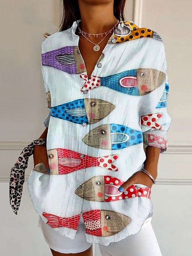  Dame Skjorte Bluse Blomsternål i krystall Moderne Fritid Langermet Skjortekrage Vanlige topper Daglig Ferie Ut på byen Knapper Trykt mønster Hvit Sommer