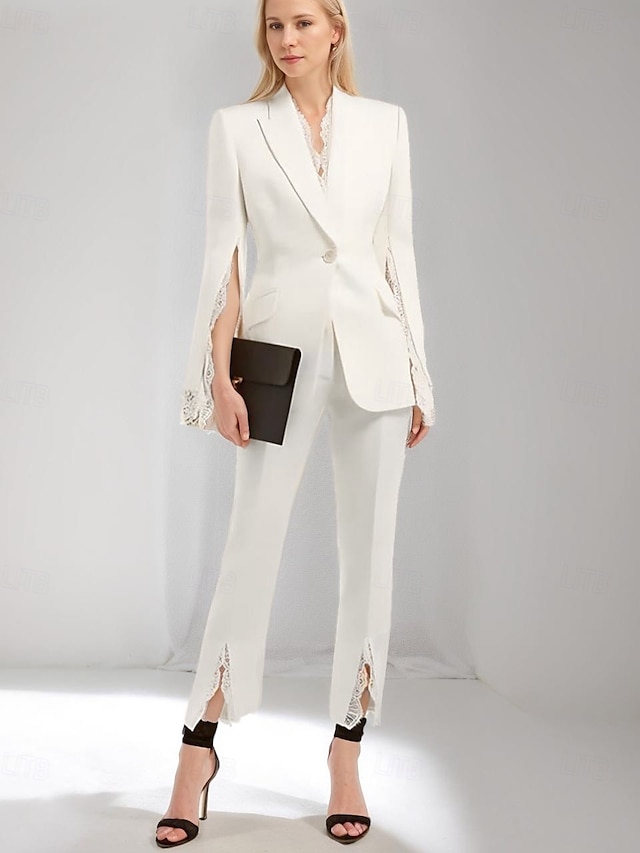  Combinaison ivoire  ensemble de pantalon pour mère de la mariée ensemble blazer élégant vintage simple décolleté V col longueur cheville en crêpe à manches longues avec fente et bord scallopé en