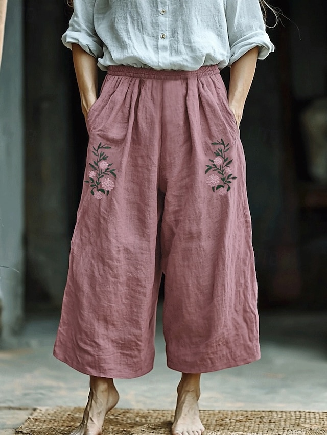 Damen Hose aus Baumwollleinen Stoffhosen Streetwear Boho Volle Länge Natürliche Taille Blume Tasche Elastischer Bund Drucken Bequem Außenbereich Ferien Ausgehen Hellrosa Sommer Normale Passform