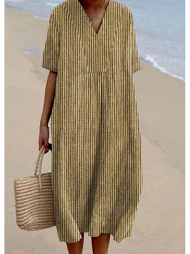  Per donna Abito Midi Vestito Estivo Abito a trapezio Vacanza Casual Spiaggia Feste Uscire Spiaggia Vestibilità comoda Grafico Geometrico A righe Mezza Manica Scollo a V Giallo Blu Grigio scuro Estate