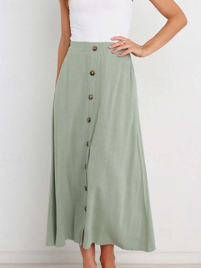  Femmes Jupe Basique Occasionnel Midi Taille Basse Jupes Uni Froncé Micro-Élastique Vacances Rue Noir Blanche Vert Menthe Vert Été Coton