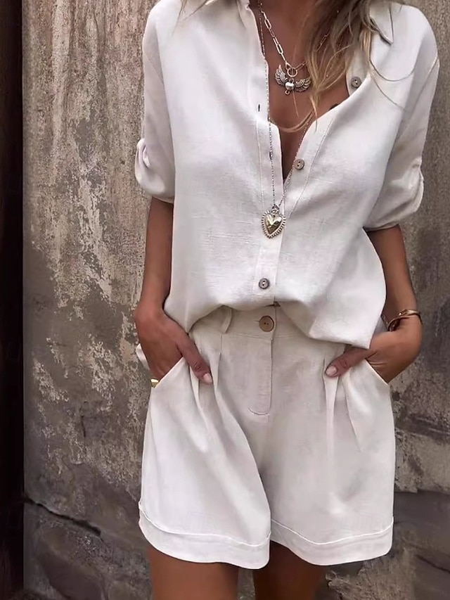  Femmes Actif Mode Chemises en coton et lin Ensembles en coton et lin Chemisier Manche Courte Col de chemise Couleur Unie Dubbele Rij Knopen Sortir Week-end Noir Blanche Bleu Été Coupe régulière