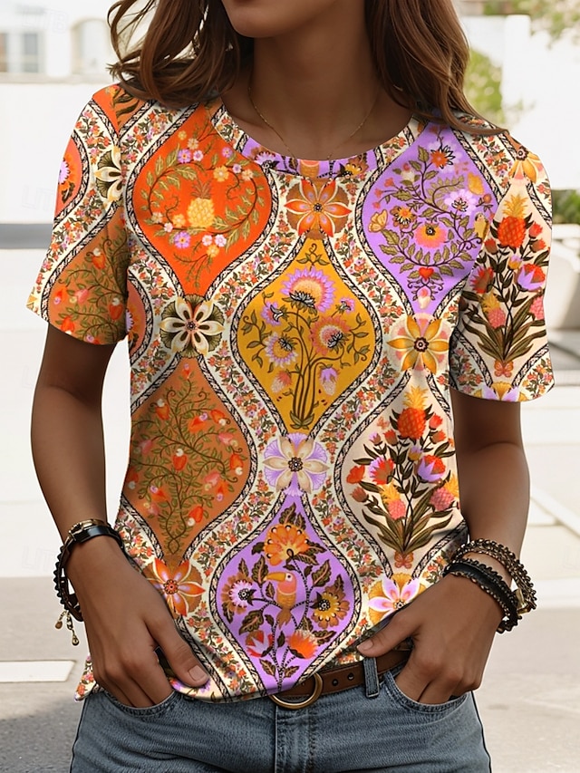  Femmes T-shirt Fleuri Graphique Géométrique ancien Élégant Classique Manche Courte Col ras du cou Hauts Réguliers Quotidien Week-end Imprimé Bleu Fuchsia Orange Été Printemps
