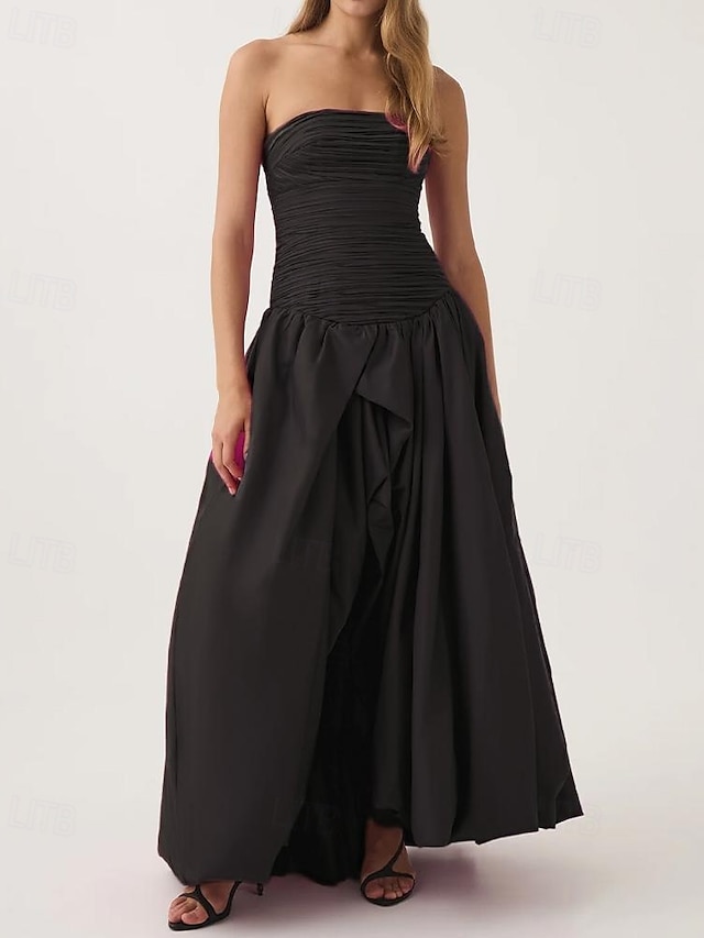  Vestido de Noite A-Line Rosa Choque Vestido Bubble Formal Semi Formal Casamento Comprimento do Chão Sem Mangas Sem Alças Tafetá com Fenda Franzida