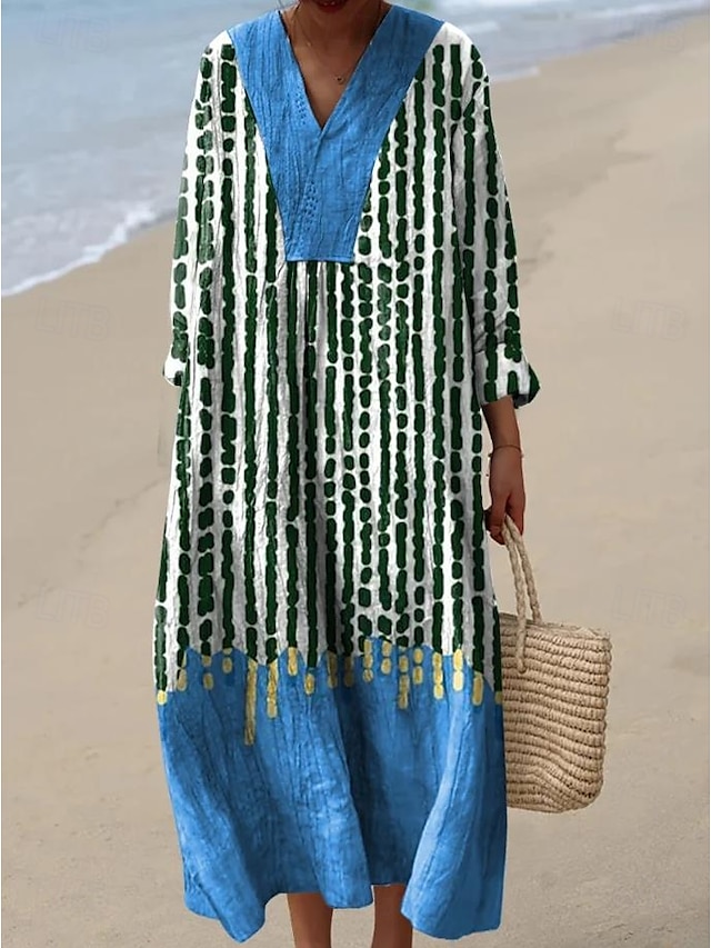  Femmes Robe Midi Robe d'Été Robe trapèze Vacances Occasionnel Boho Sortir Plage Coupe Ample Graphique manche longue Col en V Noir Bleu Orange Kaki Été Printemps