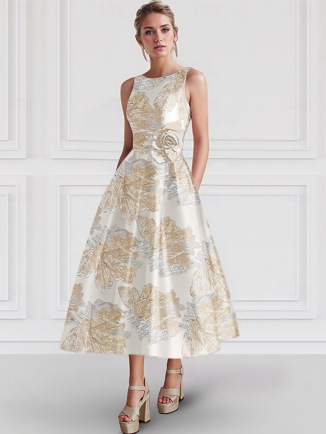 Jacquard Brocade Floral A-Line Cocktail Dresses Elegant Dress Formal Wedding Ankle Length Sleeveless Crew Neck Nylon with Slit Pocket4