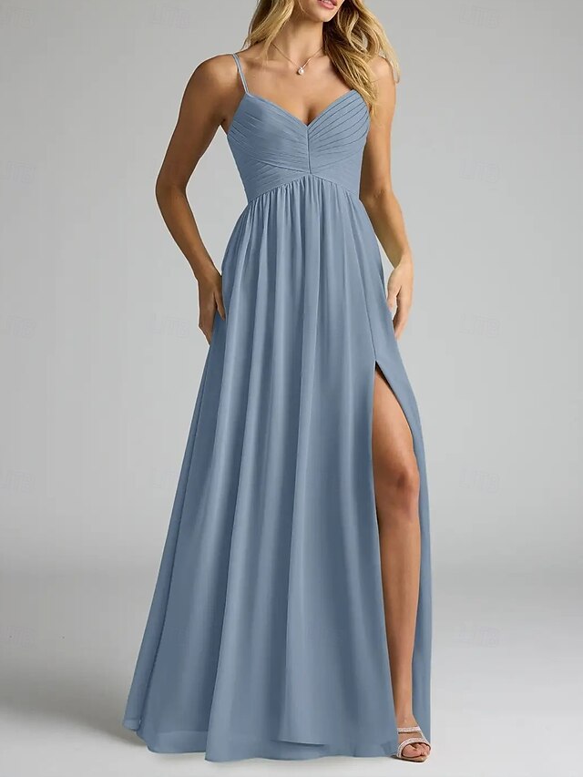  Vestido de dama de honra em corte A, decote em V / alças finas, sem mangas, elegante, longo, chiffon com pregas / frente aberta / franzido 2025