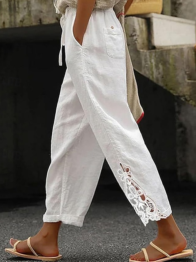  Femmes Pantalon texturé en polycoton et lin Pantacourt Mode Streetwear Confort Longueur cheville Taille Moyenne Uni Dentelle Confortable Rue Tenue quotidienne Sortir Noir Blanche Bleu Vert Été Coupe