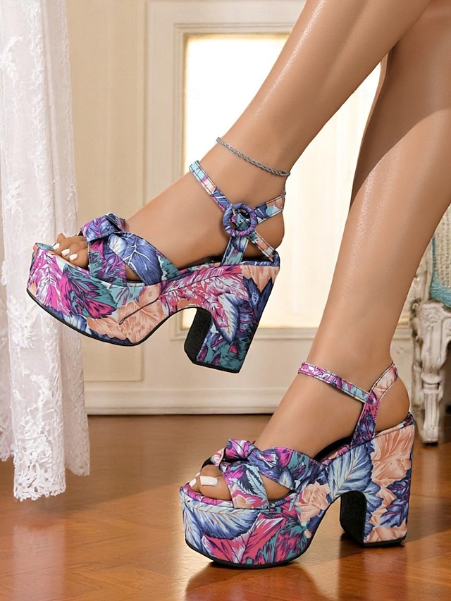  Sandali con plateau e stampa floreale da donna – tacchi alti con cinturino alla caviglia ispirati agli anni '70 per feste estive e vacanze