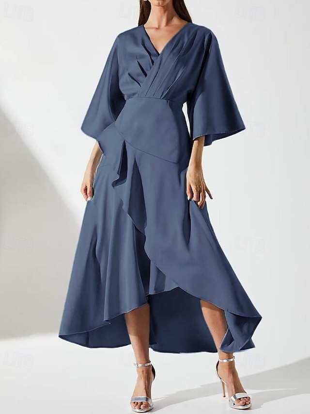  A-Line Abito Madre della Sposa Elegante Semplice Lussuoso Collo a V Asimmetrico Lunghezza Pavimento Abito da Cerimonia in Seta Manica 3/4 con Pieghe Volant