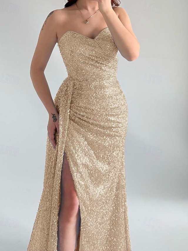  Vestido de Noche Sirena/Trumpet Azulado Brillante Vestido Elegante Formal Boda Largo hasta el Suelo Sin Mangas Corazón Encaje con Pliegues Abertura Arrugada