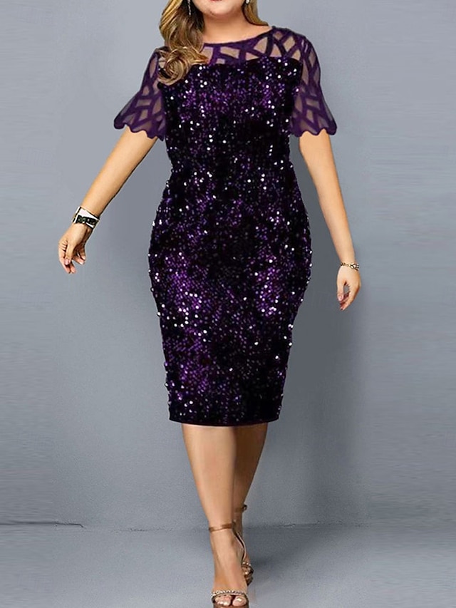  Robe Mère de la Mariée Robe Élégante Col Rond Longueur Thé Dentelle Manches Courtes avec Paillettes