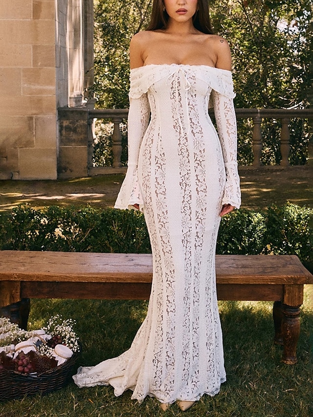  Dámské Dlouhé šaty Maxi šaty Krajkové šaty Šaty na ples Šaty na párty Elegantní Módní Párty Zvláštní příležitosti Večerní oslava Běžný Bez vzoru Dlouhý rukáv Pod rameny Černá Bílá Léto
