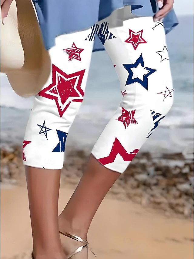  Damskie patriotyczne legginsy w stylu capri wakacyjne moda uliczna długość do łydki wysokie w pasie spodnie z gradientem gwiazd oddychające miękkie elastyczne