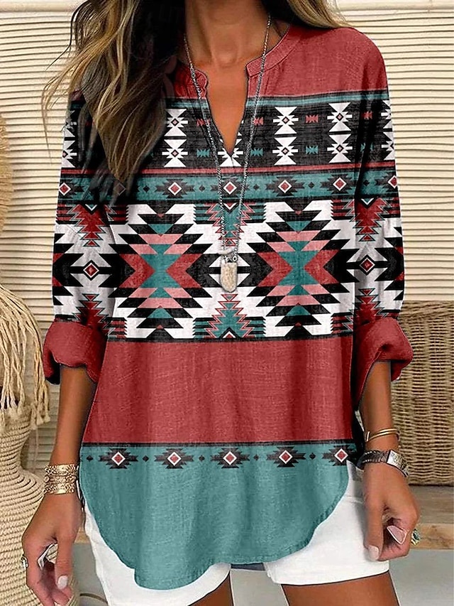  Femmes Chemisier Graphique Géométrique ancien Tropical Hawaïen manche longue Col en V Hauts Réguliers Quotidien Fête Tenue de plage Imprimé Rouge Bleu Été Printemps