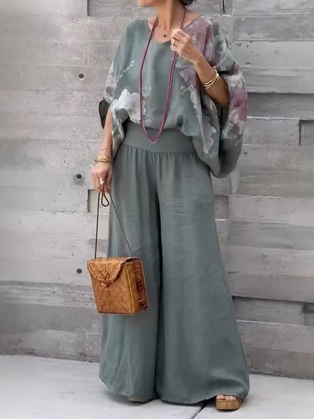 Per donna Attivo Camicie di cotone e lino Blusa Set di Pantaloni Mezza Manica Scollo a V Stampa Stampato Vacanza Ferie Blu marino Viola Marrone Estate Vestibilità regolare