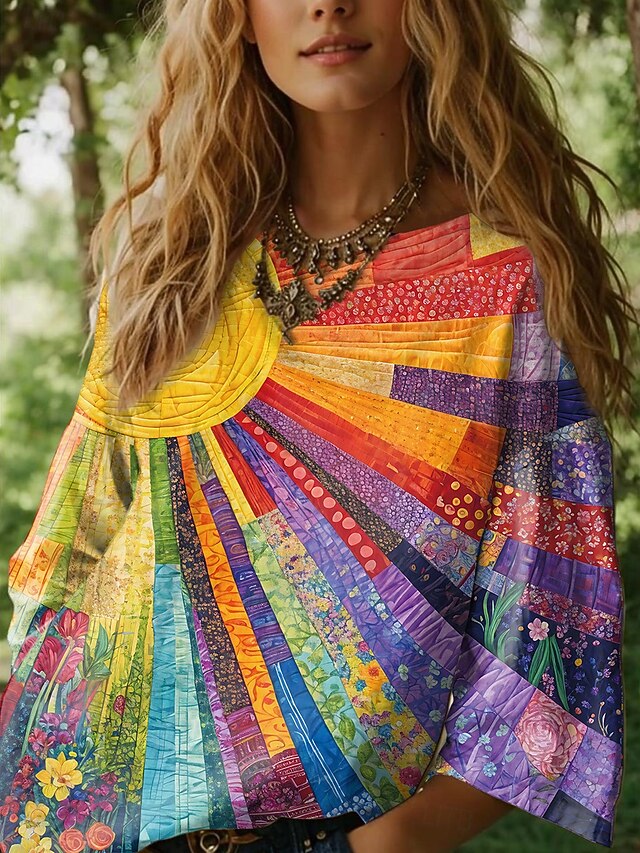 Women's Blouse Long Sleeve Ombre Graphic Geometric Bohemia Daily Ethnic 3/4 Length Sleeve Crew Neck Boat Neck Regular Tops Daily Holiday Vacation Wear Print Blue Purple Orange Summer Spring4