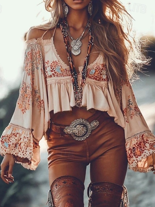  Dame Vestlig bluse Boho skjorte Bluse Blomsternål i krystall Fritid Bohem Langermet V-hals Vanlige topper Daglig Ferie Ut på byen Trykt mønster Rosa Sommer