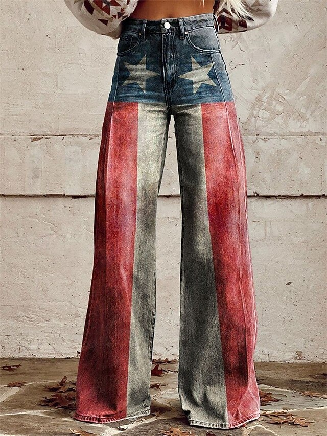 Retro Vintage 1970s Pants Wide Legged Pants Hippie Disco High Waist Stars USA Flag Faux Jeans Style Fancy Dress Women's 4th of July Mexico's Independence Day Casual Daily Music Festival Retro Theme4