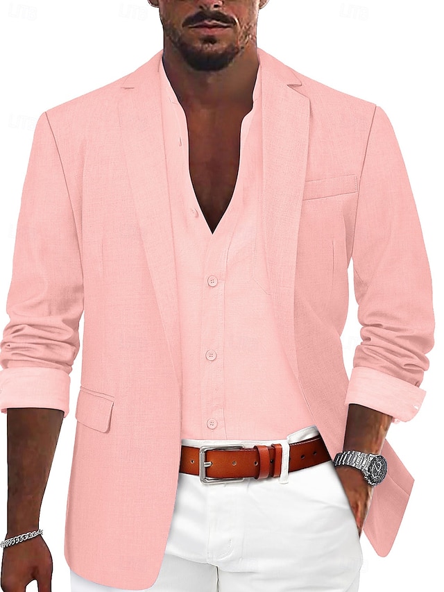  Voor heren Sportjas Linnen blazer Modieus Casual Effen Linnen blazer Leger groen Zwart blauw Getailleerd Single Breasted een knoops