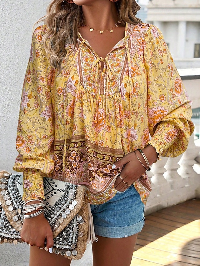  Women's Boho Shirt Blouse Flower Modern Boho Long Sleeve V Neck Regular Tops Daily Going out Print Yellow Pink Navy Blue Blue Orange Summer