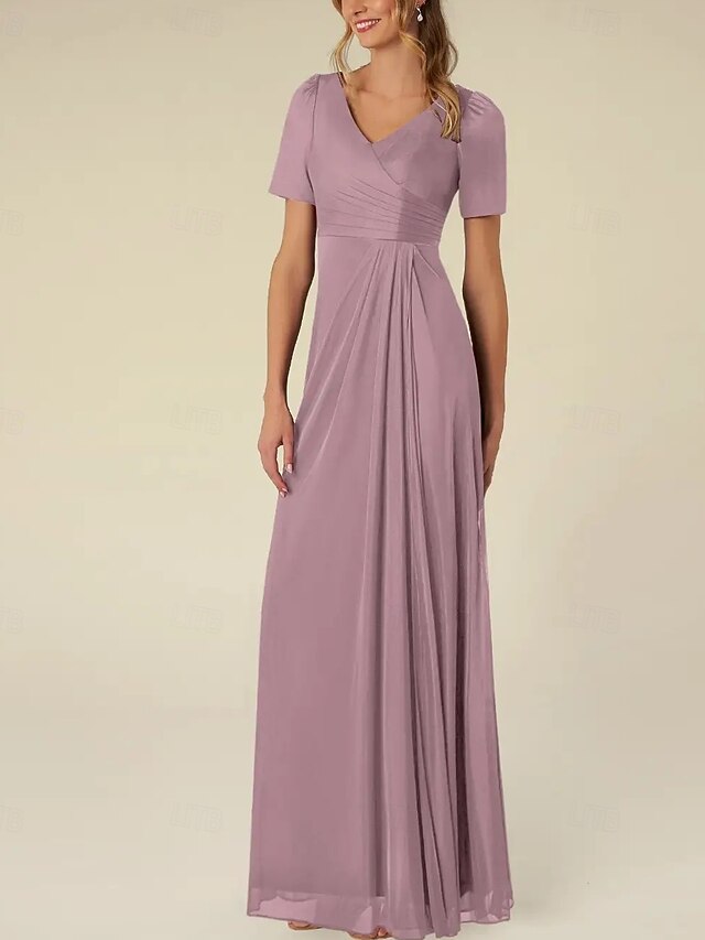 A-Line Mother of the Bride Dress Vintage Elegant V Neck Floor Length Chiffon Short Sleeve Sash Ribbon Cascading Ruffles main image 1