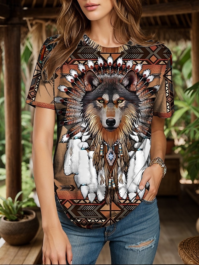  Femmes T-shirt Graphique Animal Géométrique ancien Élégant Classique Manche Courte Col ras du cou Col rond Hauts Réguliers Quotidien Week-end Imprimé Jaune Rouge Bleu Violet Vert Été Printemps
