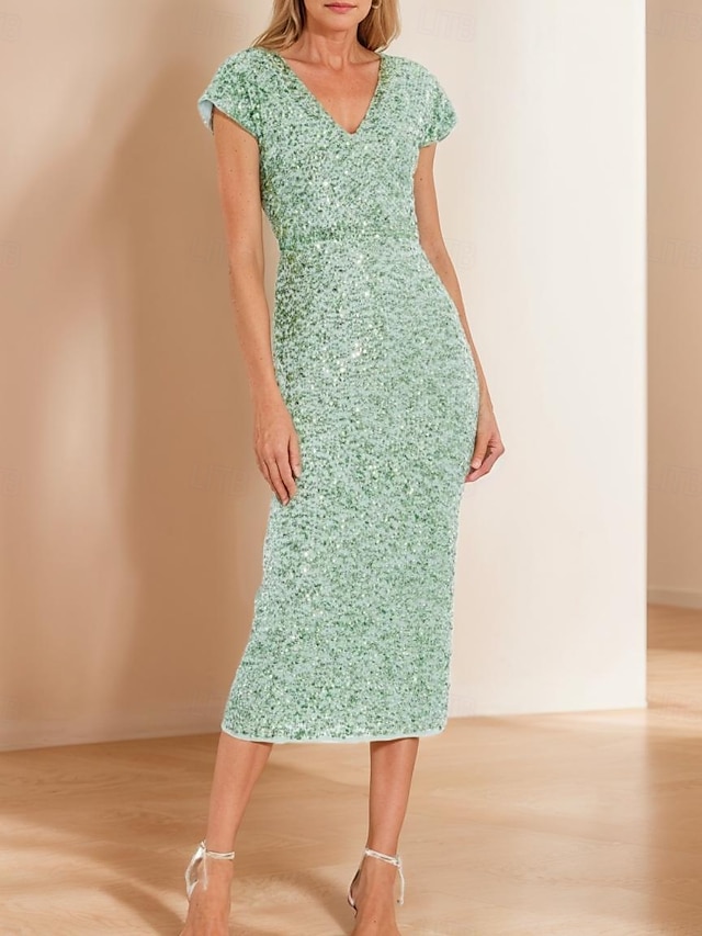  Robe fourreau/colonne en dentelle à paillettes vert bleu pour mère de la mariée, élégante, simple et luxueuse, col en V, longueur thé, longueur midi, tulle, manches courtes, 2025
