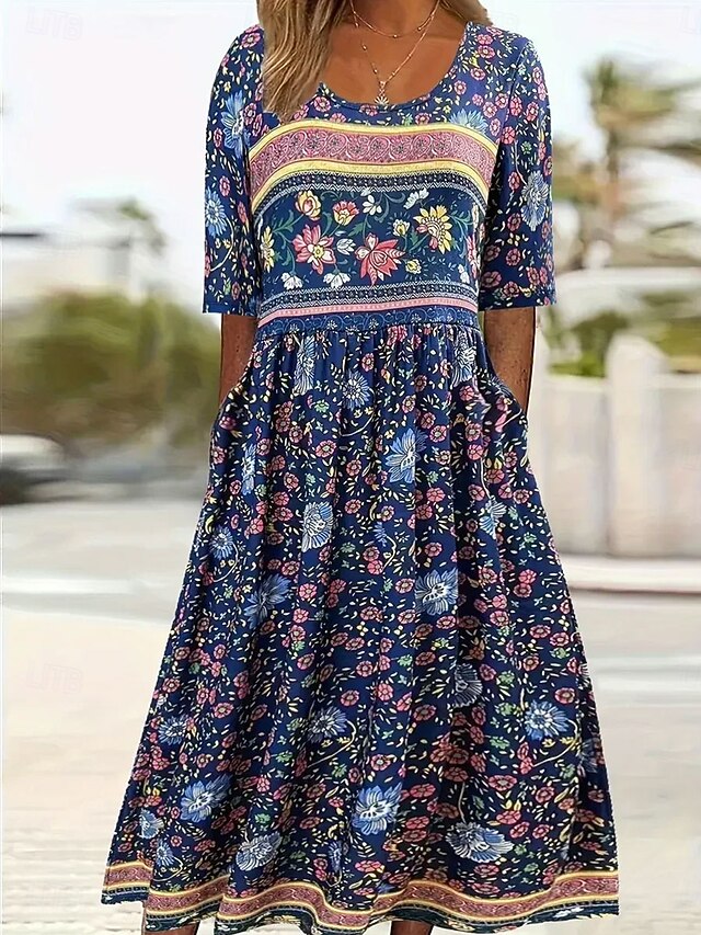 Women's Midi Dress Summer Dress Pleated Dress Vacation Casual Beach Daily Holiday Loose Fit Floral Graphic Short Sleeve Crew Neck Navy Blue Summer4
