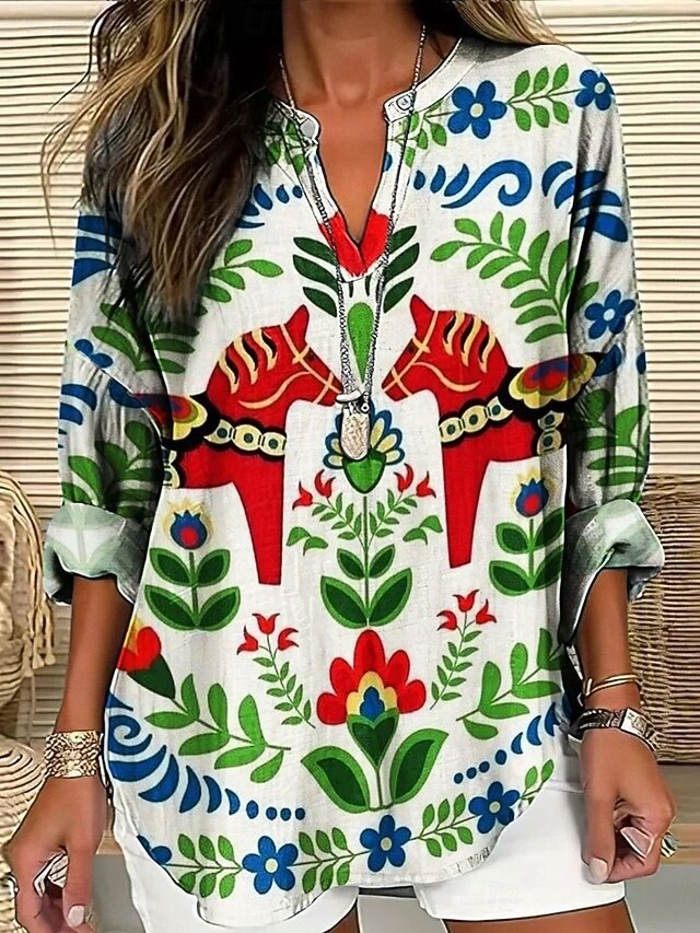 Women's Blouse Tunic V Neck Long Sleeve Boho Casual Tops Floral Graphic Elegant Stylish Regular Tops Daily Print Blue Green3