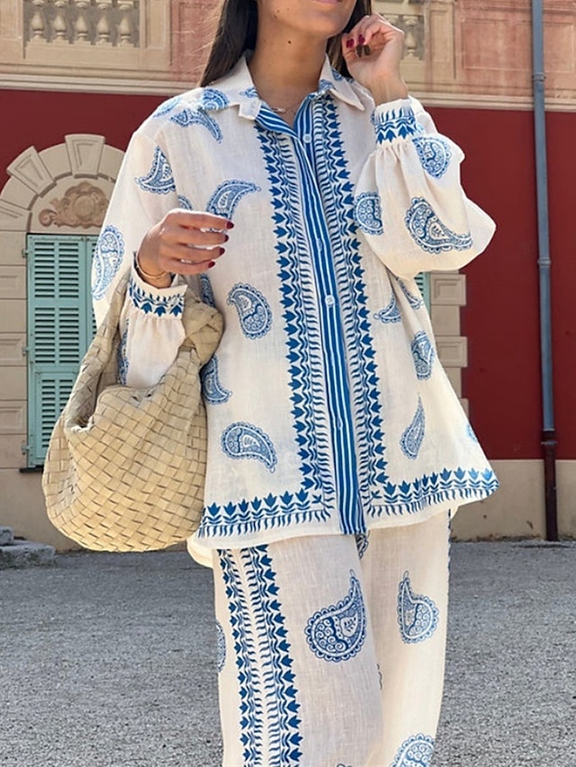  Per donna Moda Streetwear Camicie di cotone e lino Set di biancheria in cotone Set di Pantaloni Manica Lunga Colletto a Camicia Geometrico Stampato Abbigliamento quotidiano Data Beige Estate