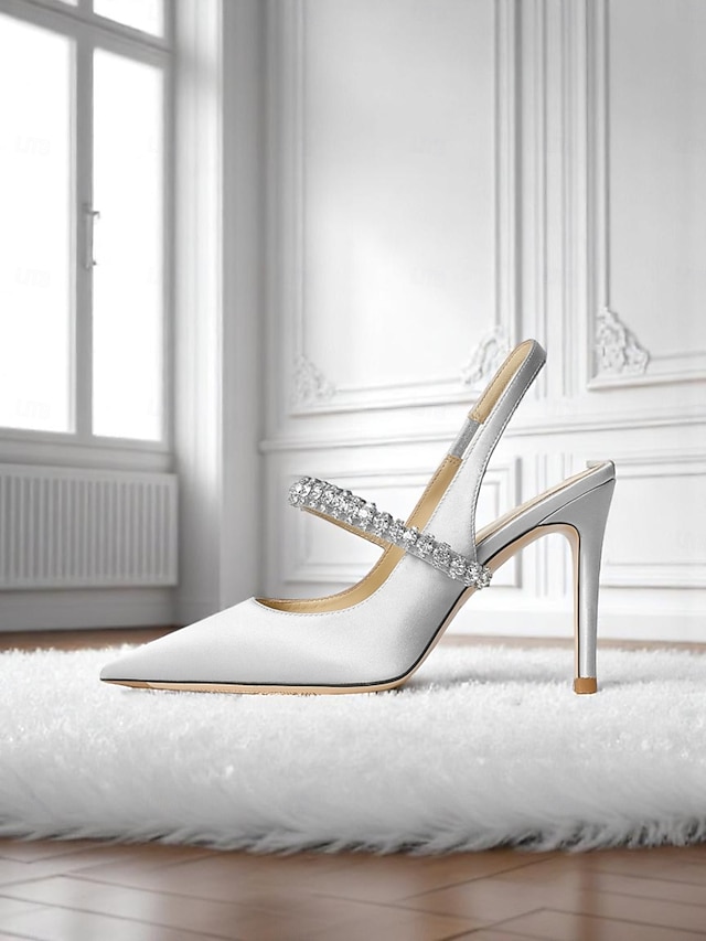  Sapatos de salto alto slingback de cetim champanhe com strass - elegantes saltos agulha de bico fino para coquetéis e ocasiões formais