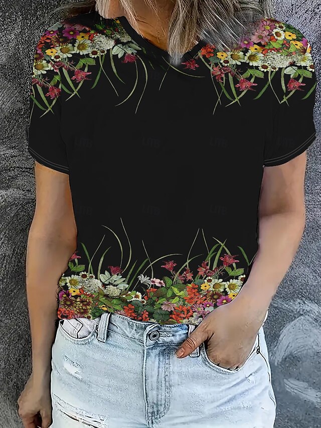  Dame T skjorte Sommertopper Grafisk Klassisk Fritid Kortermet Crew-hals Crop Tops Daglig Helg Trykt mønster Svart Sommer Vår Høst