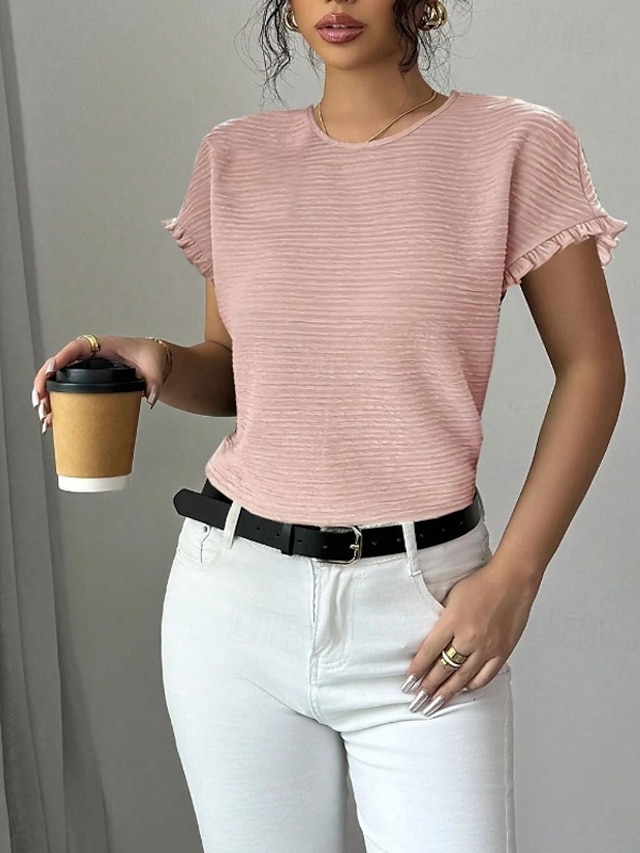 Pentru femei Bluză Simplu Modern Casual Manșon scurt Stil Nautic Topuri obișnuite Concediu Ieșire Zdrobit Negru Alb Roz Îmbujorat Vară