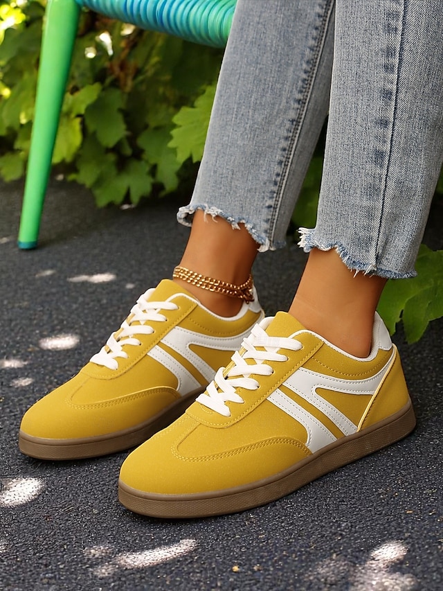  Baskets basses rétro jaunes pour femmes - Chaussures décontractées à lacets vintage, confortables au quotidien pour un style urbain et extérieur