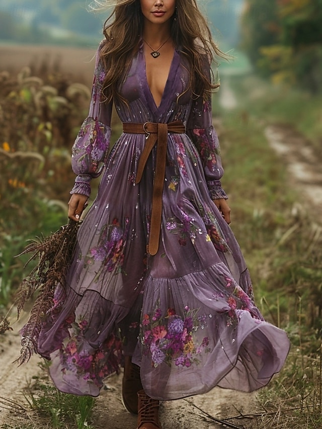  Femmes Robe Longue Maxi Robe Robe Décontractée Robe évasée Robe d'été Robe bohème ancien Vacances Quotidien Fête Coupe régulière Fleuri Graphique manche longue Col en V Violet Été