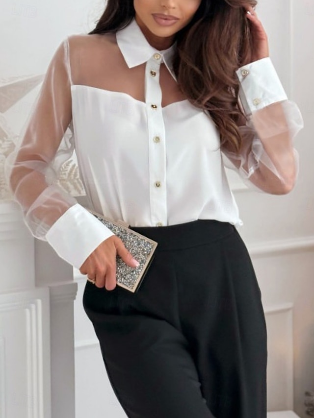  Pentru femei Cămașă Culoare solidă Elegant Stilat Casual Manșon Lung Guler Cămașă Topuri obișnuite Zilnic Plasă Brodat Nasturi Negru Alb Vară Primăvară