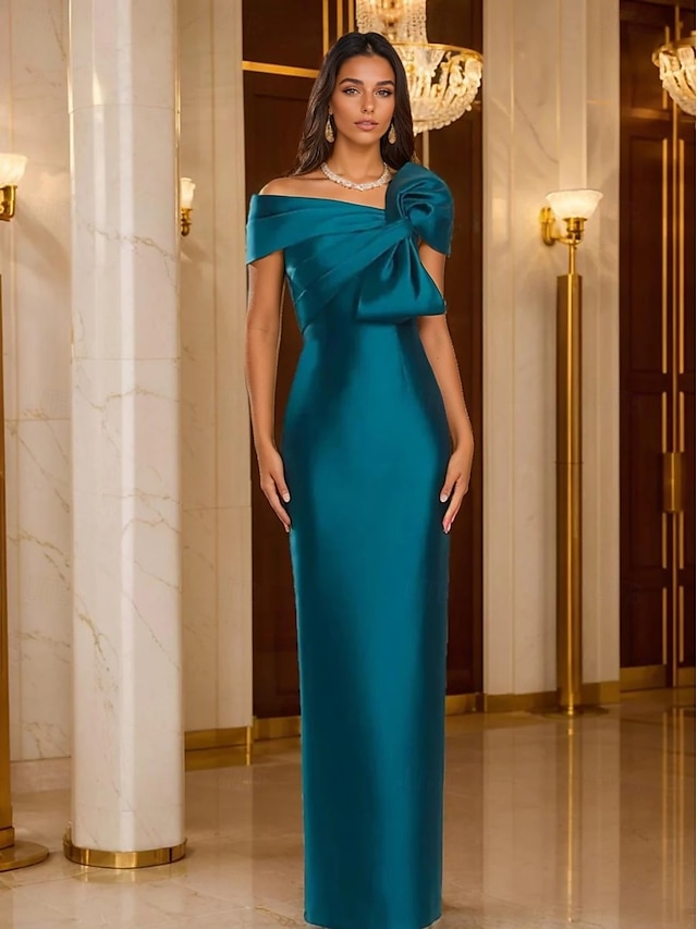  Robe de Soirée Fourreau  Colonne Élégante Robe Formelle Mariage Longueur de Sol Manches Courtes Épaule Dénudée Satin avec Nœud(s)