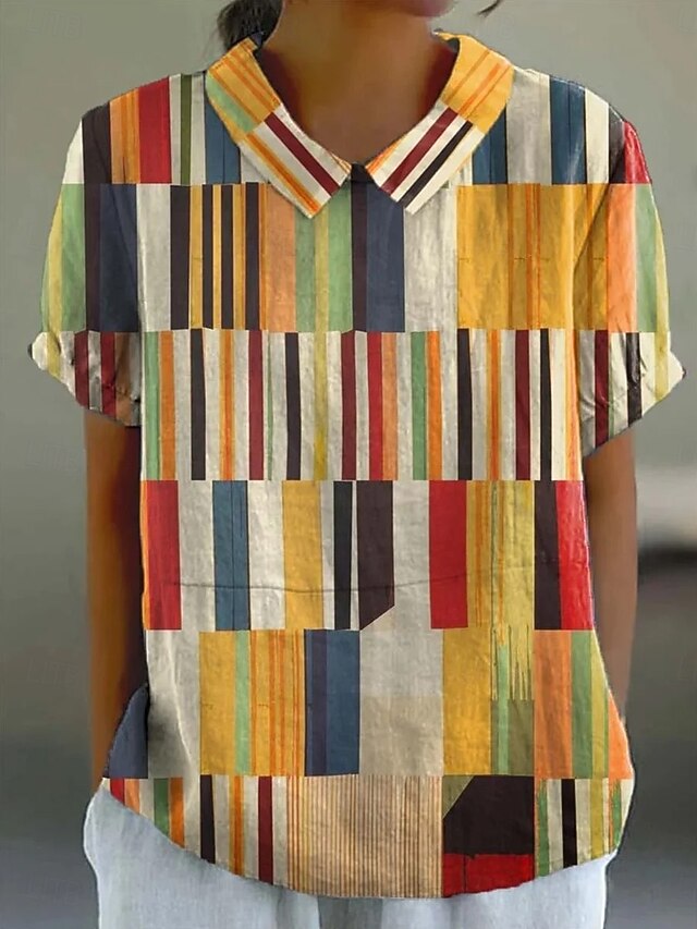 Women's Blouse Graphic Geometric Striped Elegant Daily Stylish Short Sleeve Shirt Collar Regular Tops Work Daily Holiday Lace Yellow Blue Orange Summer Spring4