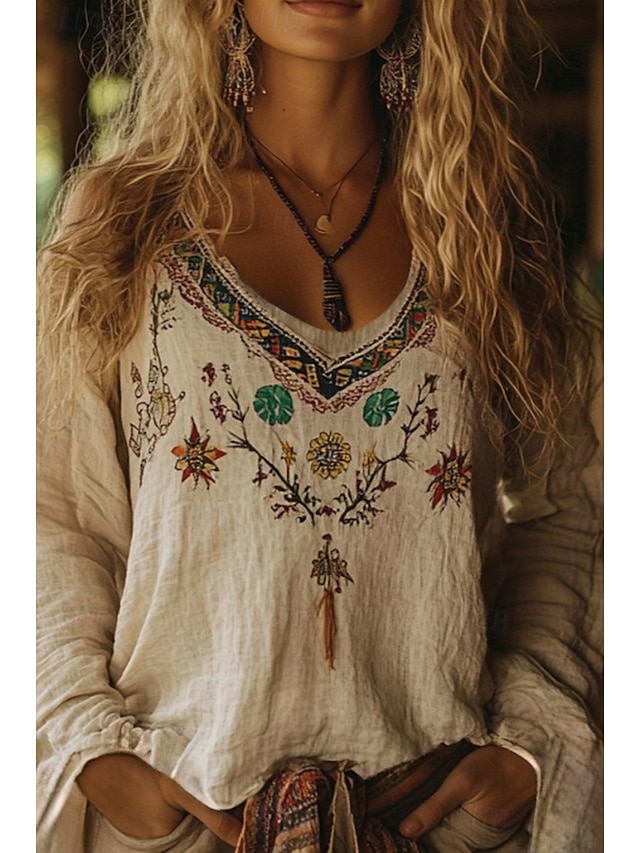  Femmes Chemisier occidental Chemise Bohème Chemisier Fleur Moderne Occasionnel manche longue Col en V Hauts Réguliers Quotidien Fête Sortir Imprimé Abricot Été