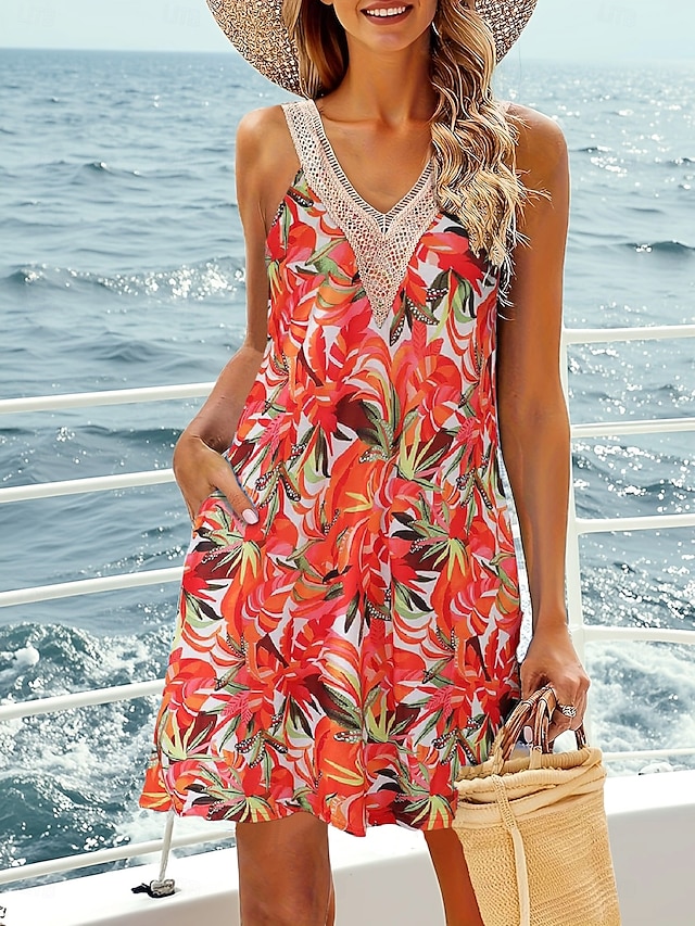  Pentru femei Rochie Mini Rochie A line Rochie Slip Vacanță Casual Stiluri de Plajă Fără mâneci Concediu Dată Plajă Fit regulat Grafic Fără manșon În V apa albastra Negru Verde Deschis Roșu-aprins Vară
