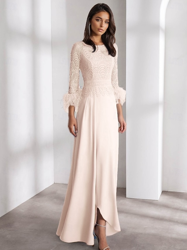  Blå A-linje kvällsklänning elegant klänning formell bröllop golvlängd lång ärm crew hals chiffon med fjäder volanger