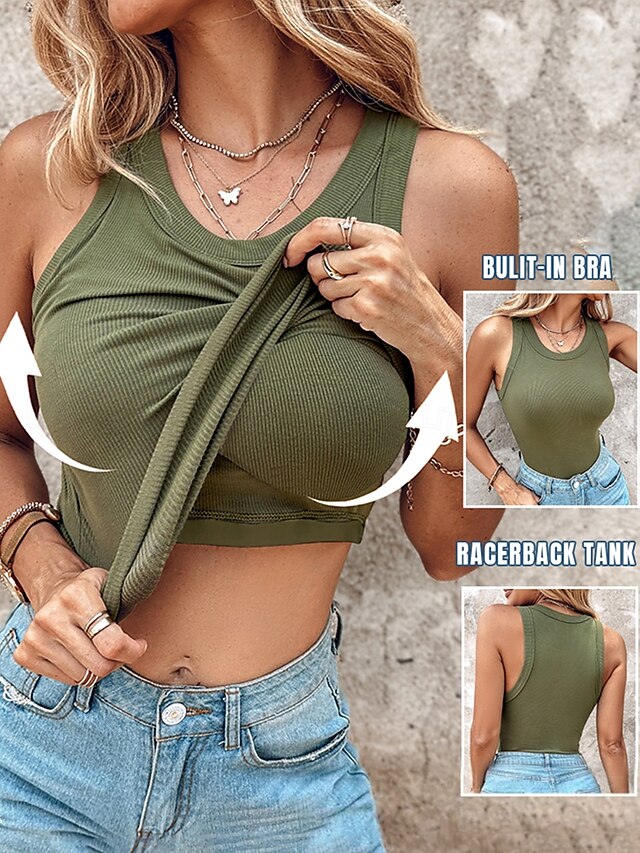  Dame Camisole Tank Top Helfarge Stripet Daglig Fritid Ermeløs Crew-hals Vanlige topper Daglig Trykt mønster Svart Lysegrønn Navyblå Grønn Sommer Vår Built-in Bra Ribbed