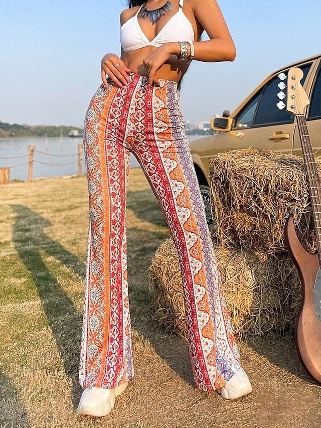  Women's Bell Bottom Slacks Fashion Boho Full Length Natural Flower Elastic Waist Printing Outdoor Comfortable Holiday Going out Magenta Orange red Black Pink Summer Regular Fit