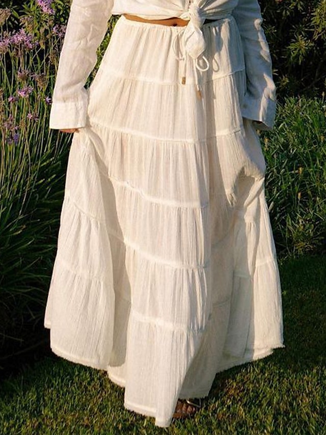  Damen Rock A-Linie Einfarbig Mode Lässig Maxi Hochtaillierte Röcke Einfach Lagen Mikro-elastisch Urlaub Straße Schwarz Weiß Orange Grün Sommer Polyester