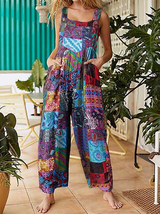 Women's Normal Jumpsuit Streetwear Floral Sleeveless U Neck Pocket Print Street Daily Regular Fit Yellow Blue Green Summer4