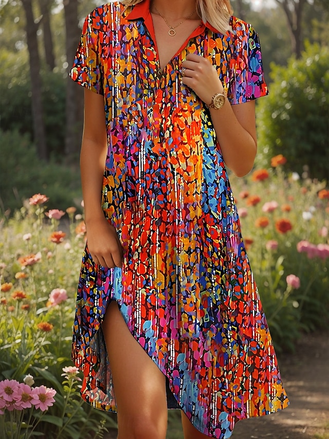  Pentru femei Rochii Midi Rochie A line Rochie de vară Vacanță Casual Stiluri de Plajă Dată Rochie de vară Fit regulat Grafic Geometric Abstract Manșon scurt Rever Galben Roșu-aprins Albastru piscin