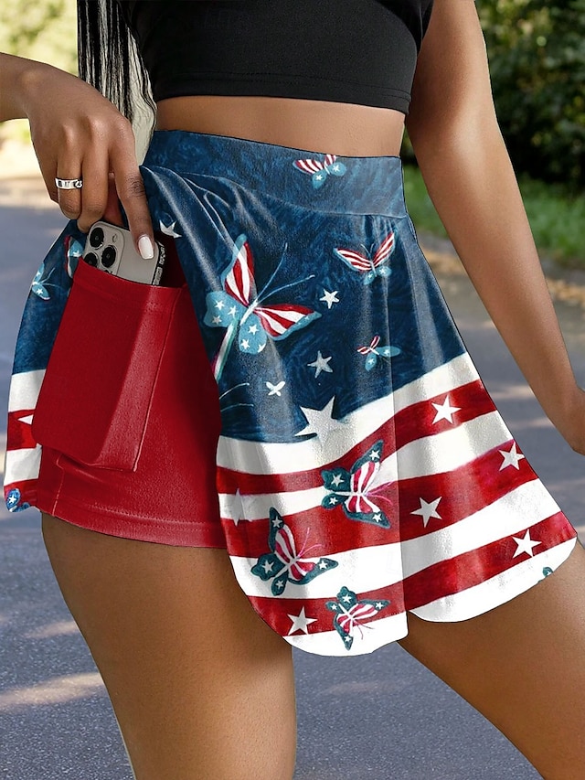  Feminines Patriotischer Rock Mode Lässig Mini Hohe Taille Röcke Grafik Schmetterling Gestreift Dehnbar Täglich Blau Sommer Strickpolyester