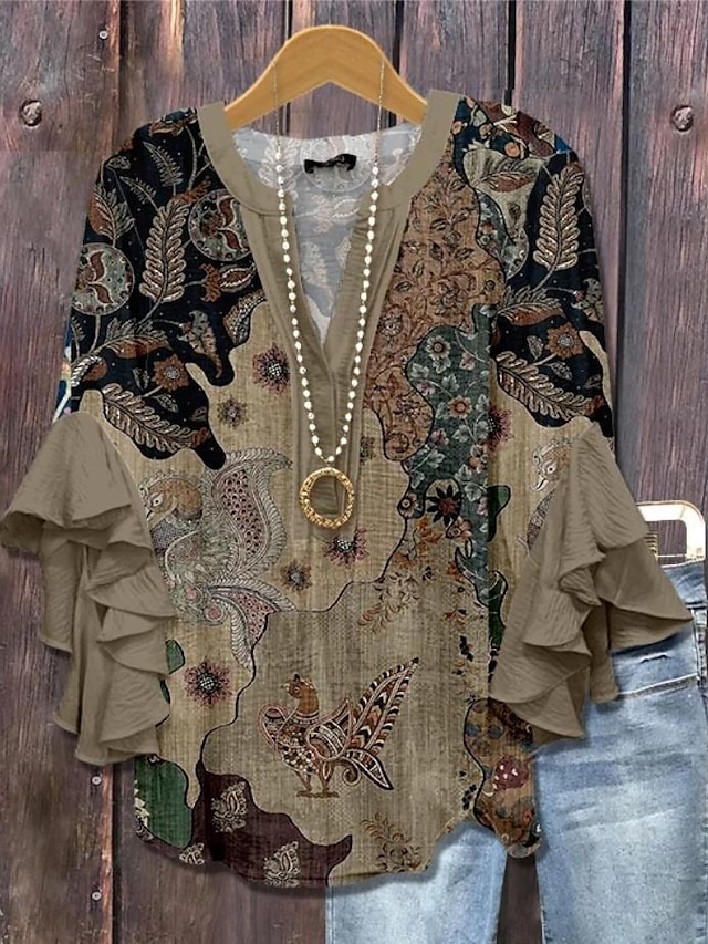  Blusa retro da donna con maniche a strati e arricciate top floreale grafico vintage Bohemia quotidiano maniche a 3/4 scollatura a V top regolari abbigliamento quotidiano per le vacanze stampa bianca