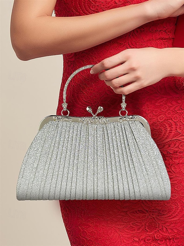  Poșetă de seară plisată cu sclipici pentru femei, cu mâner vintage auriu – geantă elegantă și formală pentru nunți, petreceri și cocktailuri